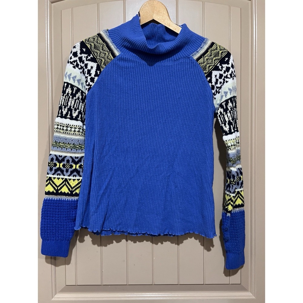 Free People NWT Prism Sweater Long Mixed Media Sleeve Funnel Neck Blue Small